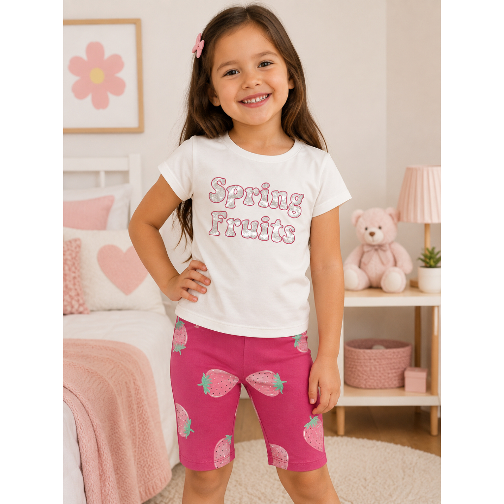 Conjunto Infantil Feminino Verão Blusa e Short Estampado Menina Roupa Casual Tamanhos 4 ao 8