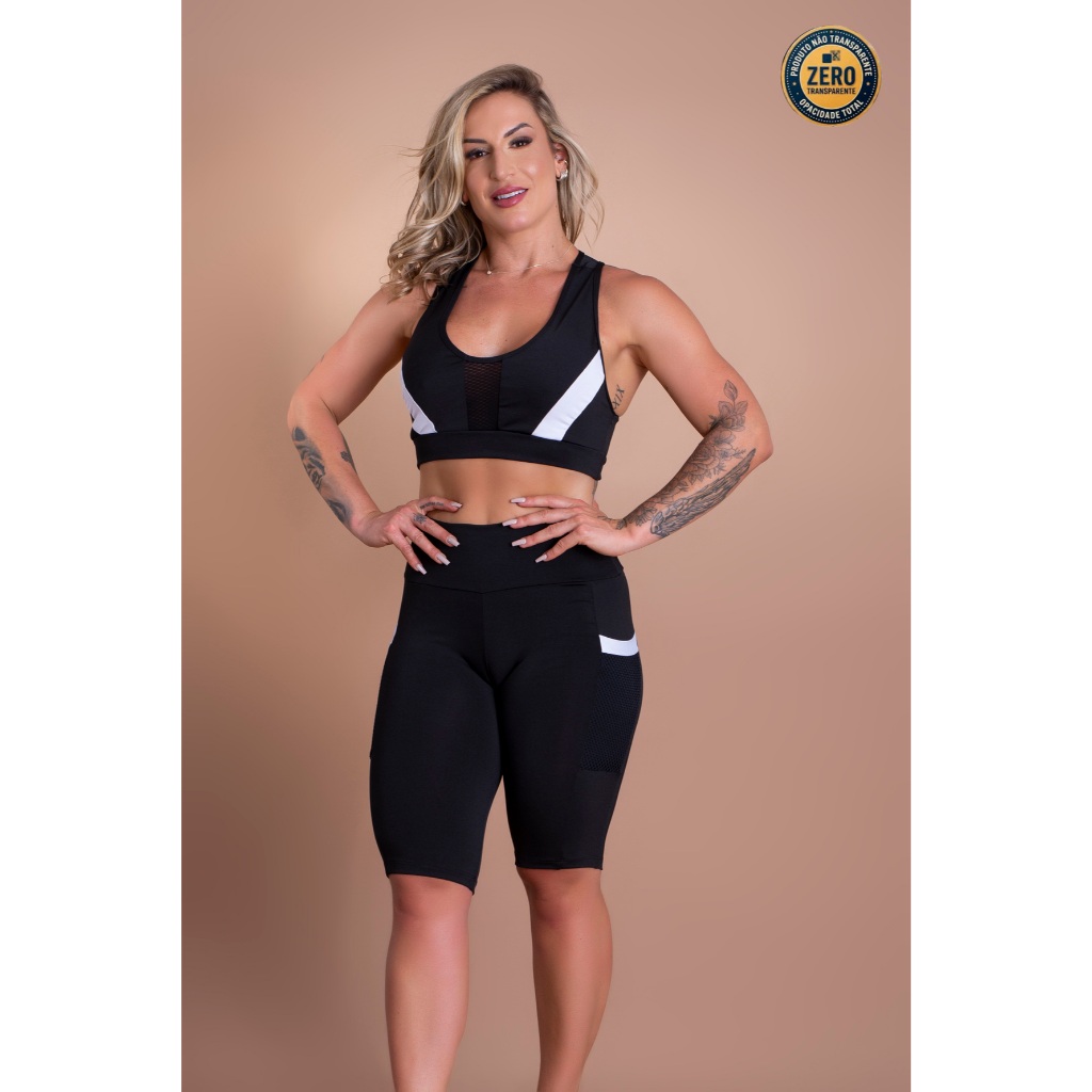Conjunto Fitness Feminino Bermuda Ciclista Bolso Tela E Top Nadador Frontal Academia ZERO TRANSPARÊNCIA