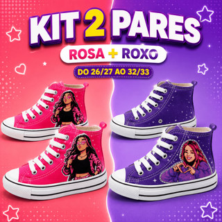 Kit 2 Pares Tênis Infantil Feminino Menina Cano Alto Casual Estampado Rosa Roxo Escolar 26/27 ao 32/33