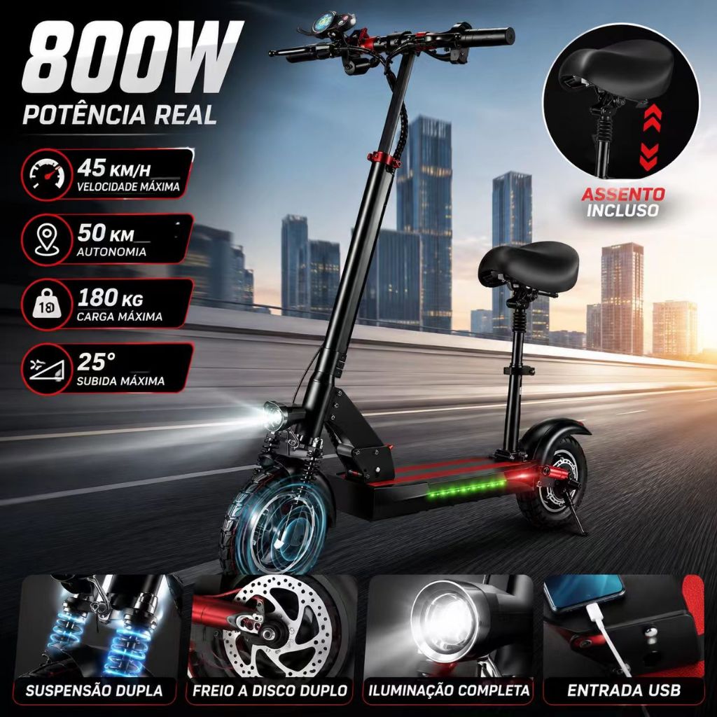 Patinete Elétrico Adulto 800W 48V 13Ah, Até 45km/h e 50km, Assento, Suspensão, Freio Duplo, Dobrável