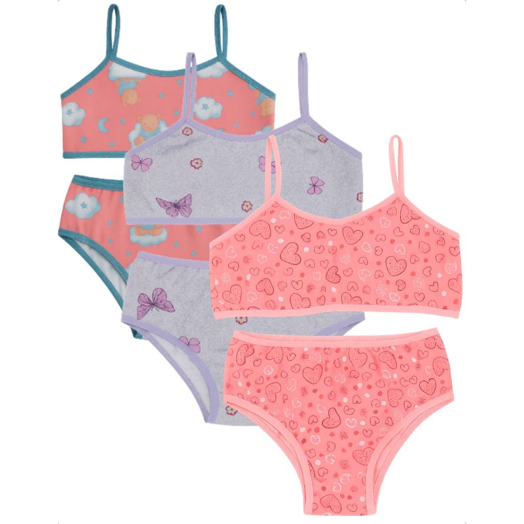Kit 5 Conjunto Calcinha Sutiã Infantil Sem Bojo Suede Microfibra Estampada Confortável Menina
