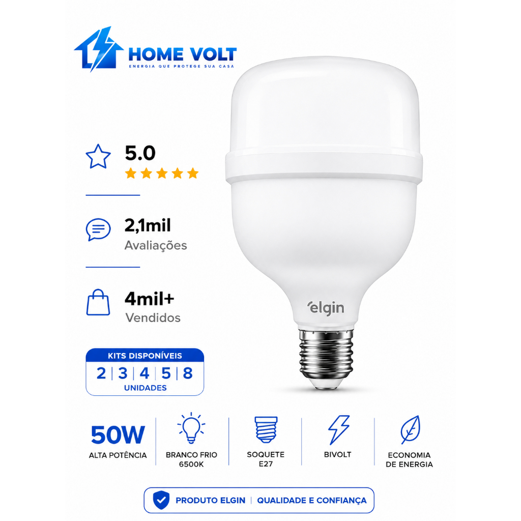 Kit 2/3/4/5/8 Lâmpadas LED Superbulbo 50W Elgin Branco Frio Bivolt  E27  Alta Potência Econômica Top