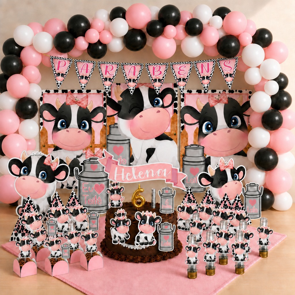 Kit Festa Mesversário Vaquinha Leiteira Fazendinha Personalizado 78 Itens Decoração Completa Bebê Lembrancinhas