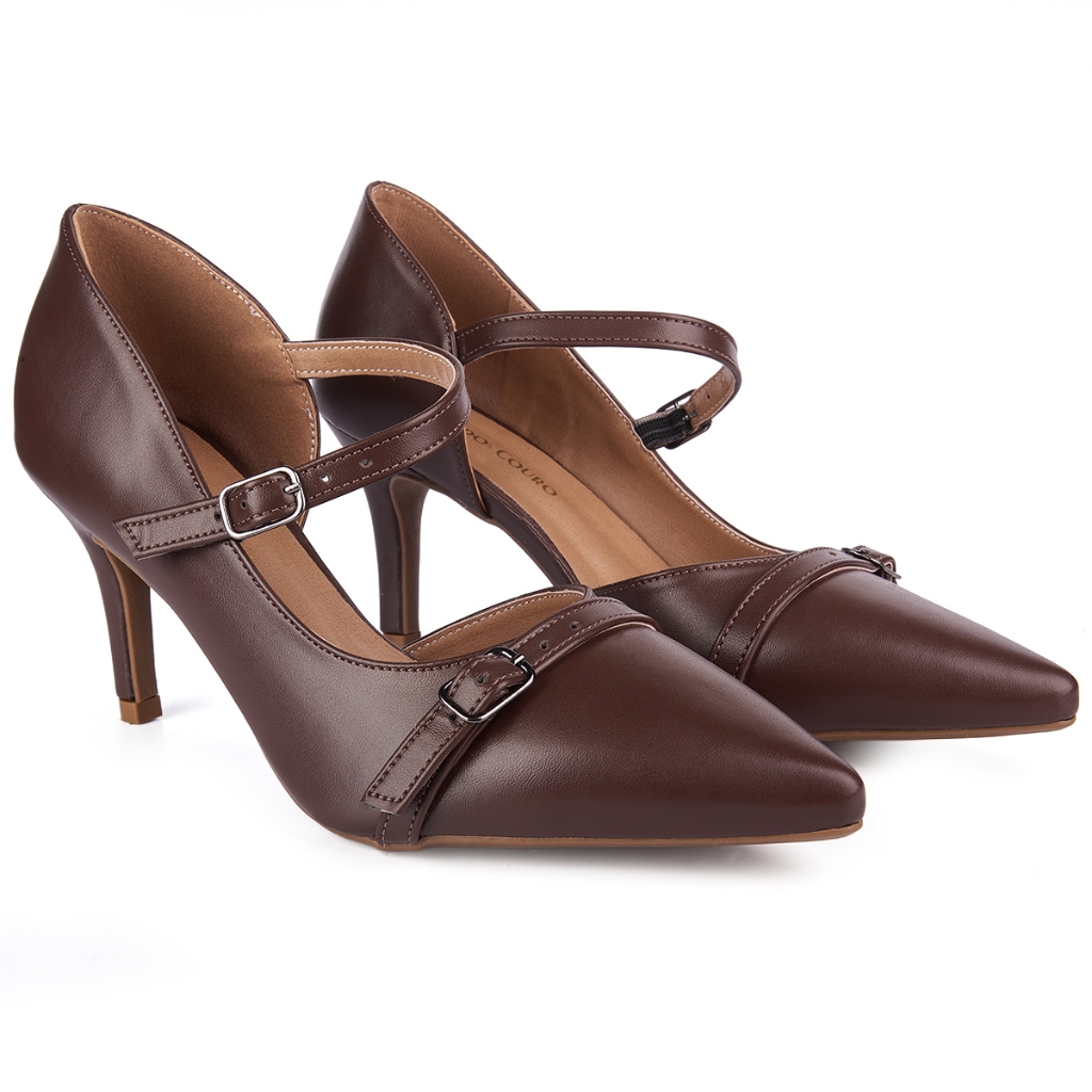 Scarpin Feminino Boneca Bico Fino Salto Médio 7,5 cm Detalhe Fivelas Elegante Confortável Festa Luxo