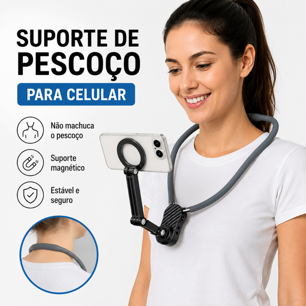 Suporte de Pescoço Articulado 360° para Celular Câmera de Ação Gravação POV Mãos Livres com Alça Estabilizadora