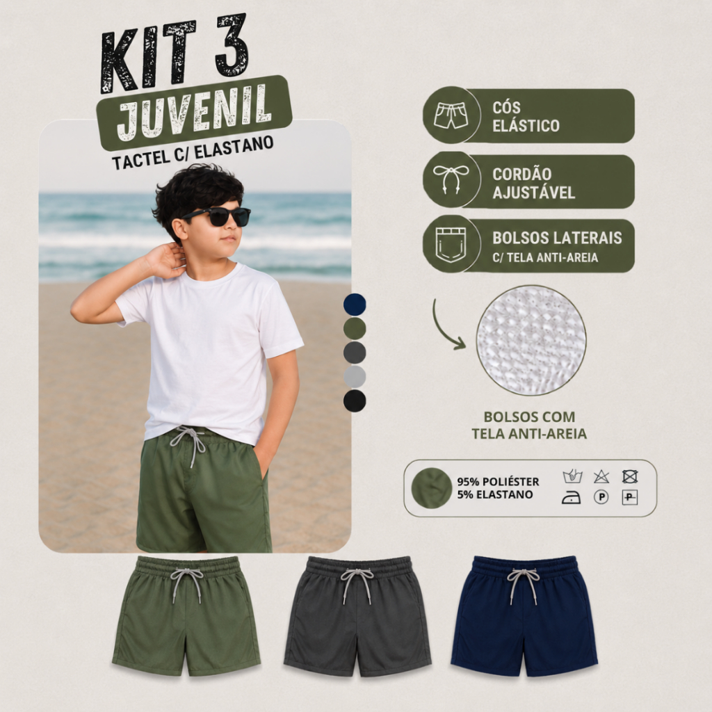 Kit 3 Bermudas Crianças Infantil Menino Tactel com Elastano Short Liso Masculino Juvenil Elástico Bolsos