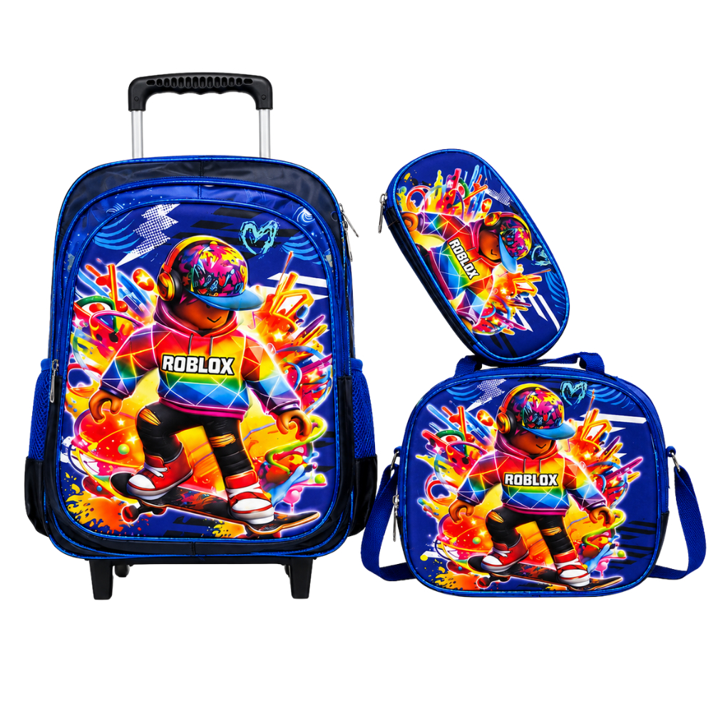 🎒 Kit Mochila de Rodinhas Roblox 3D Alto Relevo Importada – 3 Peças