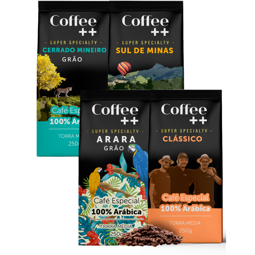 Kit 4x Café Especial Em Grãos Coffee ++ Clássico, Arara, Sul de Minas e Cerrado