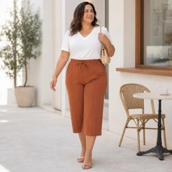 Calça Pantacourt Plus Size em Tecido Duna Cós Alto Cordão Bolsos P ao G3
