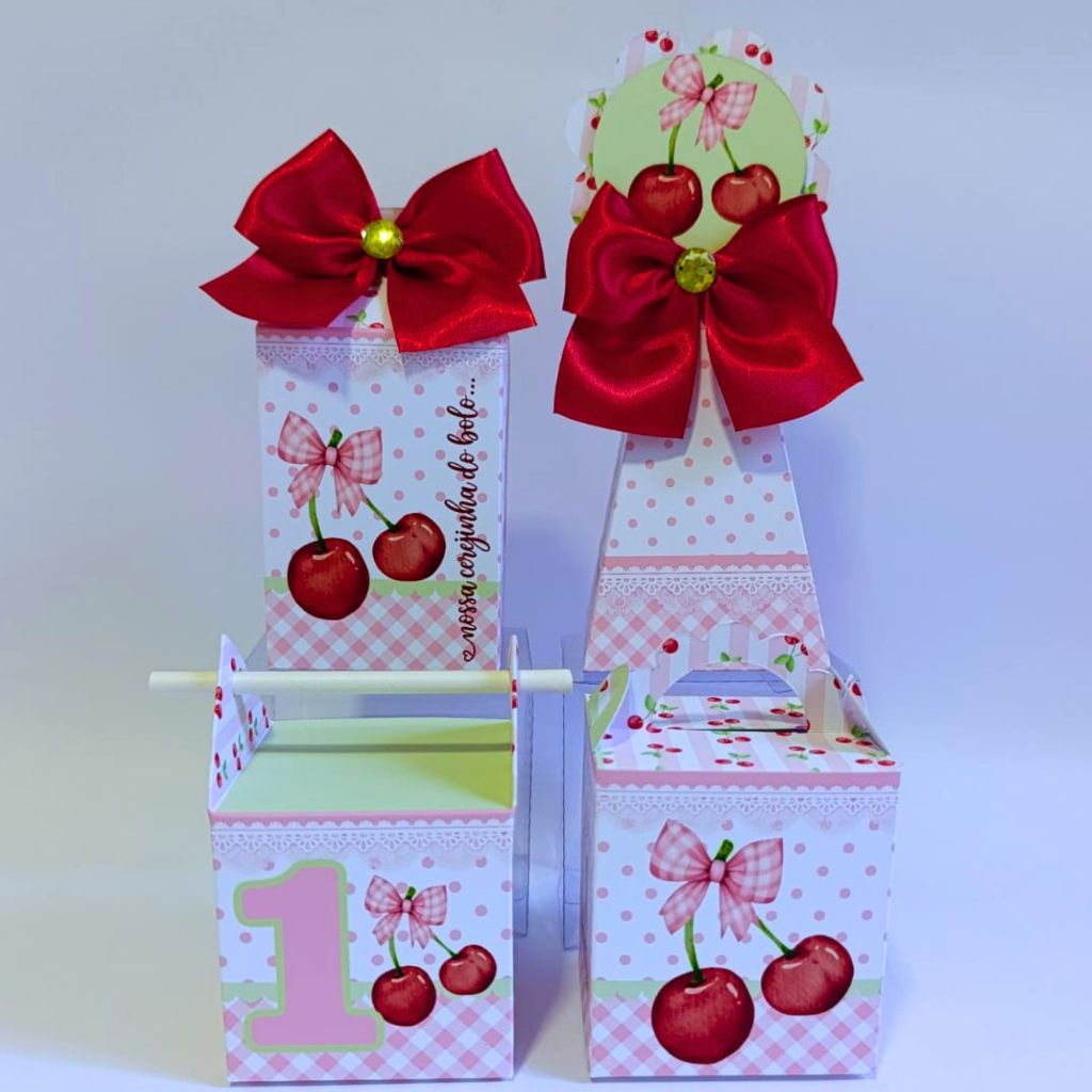 Kit Caixas Personalizadas Cerejinha Rosa Festa Infantil Aniversário Menina Lembrancinhas + Brinde Forminhas Doces
