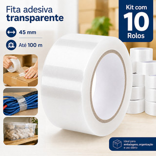 Fita Adesiva Transparente 45mm x 100m para Embalagem Kit com 10 ou 12 Rolos