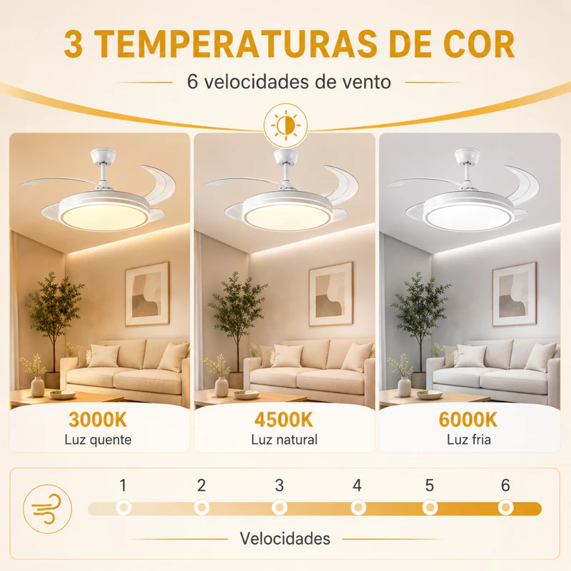 Ventilador de Teto Plafon 6 Pás Retráteis Ultra Silencioso LED — foto 4