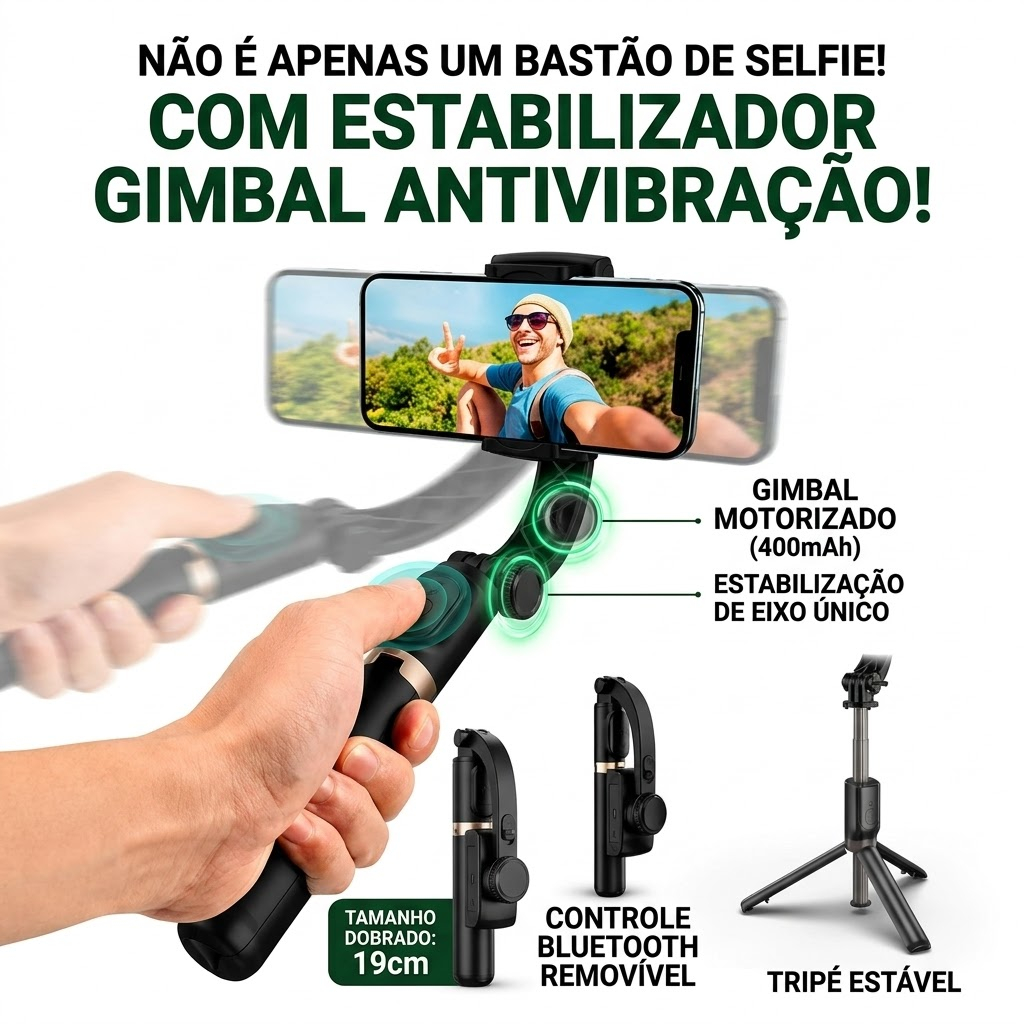 Estabilizador de Mão Para Smartphone 3 em 1 Tripé Selfie Controle Remoto Bluetooth Antivibração