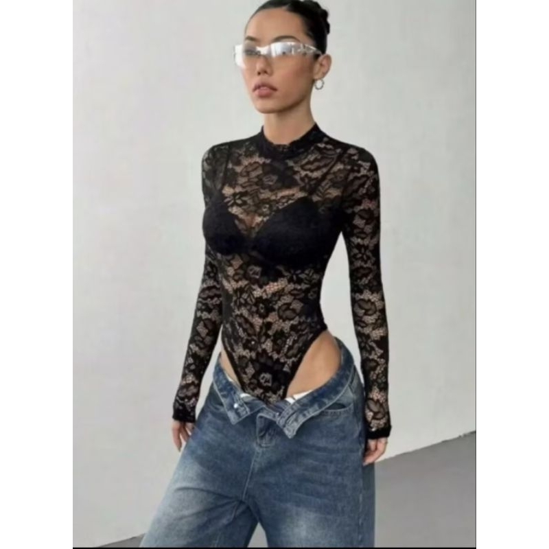 Body Feminino de Renda Manga Longa Elegante Transparente