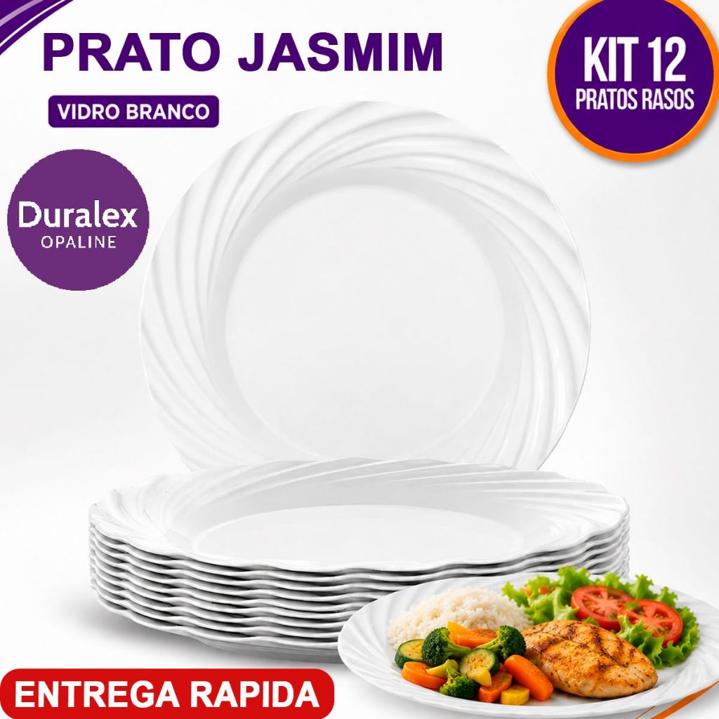 Kit Jogo 12 Pratos Raso Duralex Jasmim de Vidro Opaline Temperado Branco Almoço e Jantar