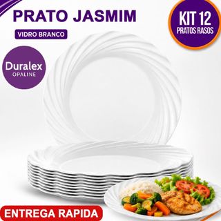 Kit Jogo 12 Pratos Raso Duralex Jasmim de Vidro Opaline Temperado Branco Almoço e Jantar