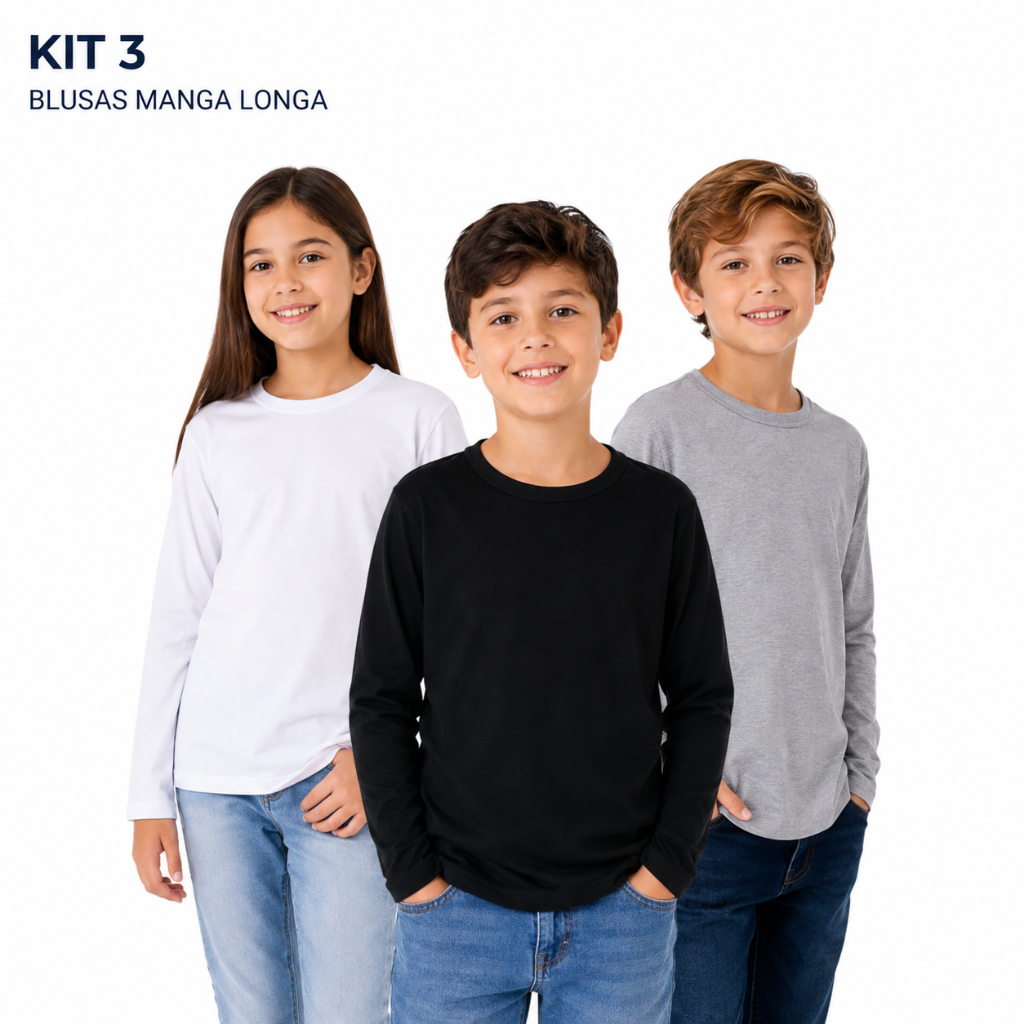 Kit 3 Blusa Manga Comprida Meia Malha 100% Algodão Unissex 4 ao 14 Longa