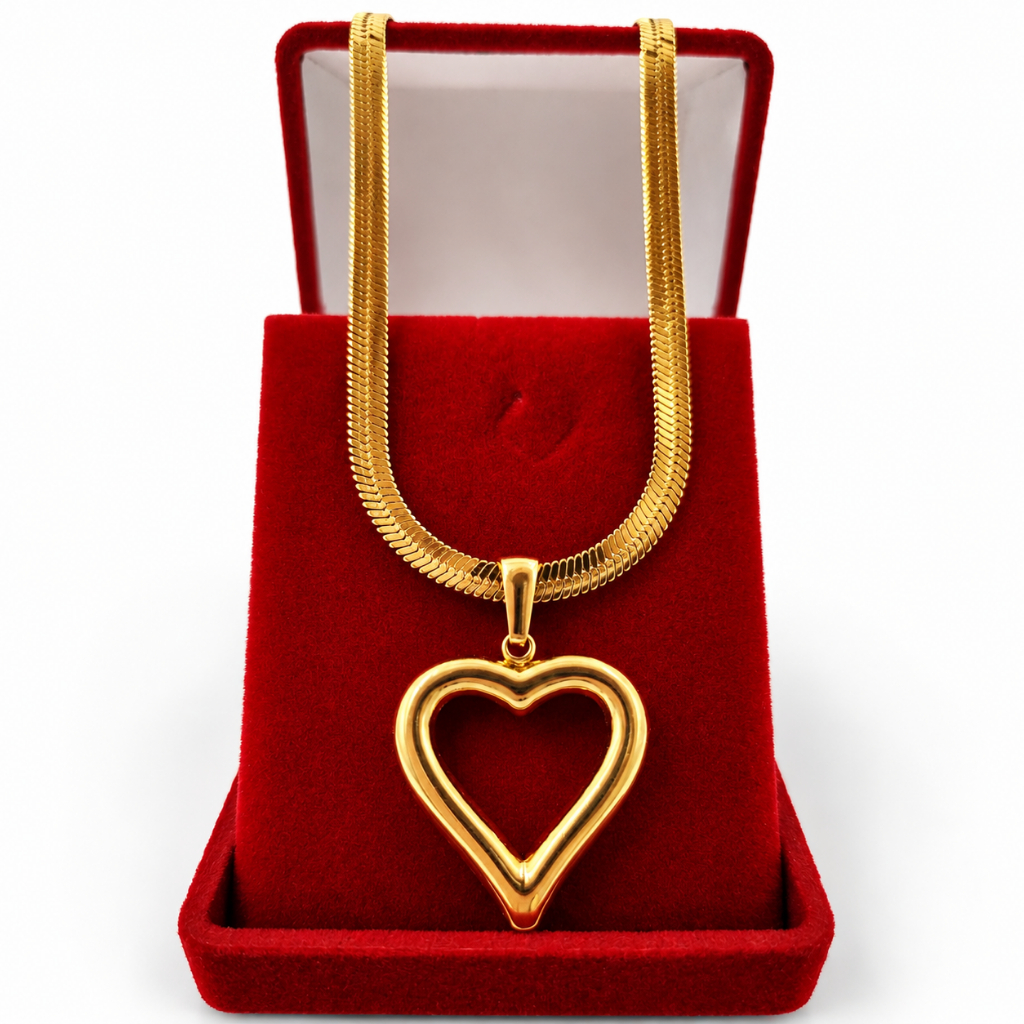 Conjunto Feminino Colar Banhado a Ouro 18K Cordão Laminado Fita 5mm Pingente Coração Grande Luxo