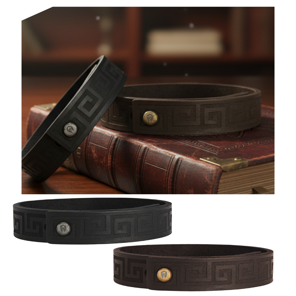 Pulseira Masculina De Couro Legítimo Grécia com Gravação em baixo relevo Ajustável