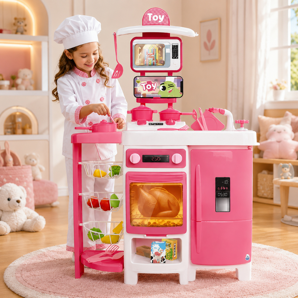 Cozinha de Brinquedo Infantil Grande Completa 92 CM Geladeira Fruteira Sai Água Verdade Forno Fogão