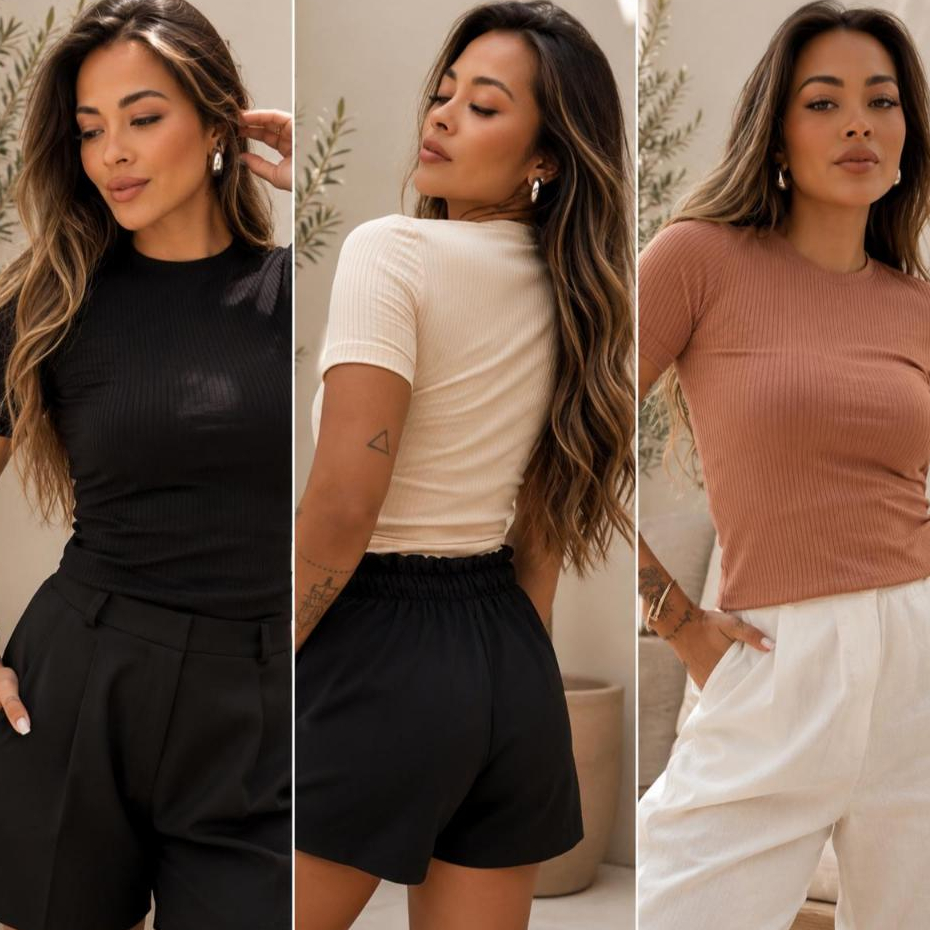 Kit 3 Blusas Caneladas Feminina com Manga e Elastano