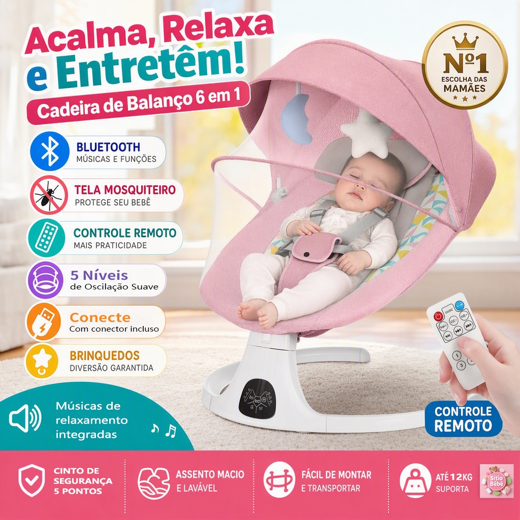 Cadeira de Balanço e Descanso Bebê Elétrica Portátil Musical Controle Brinquedos Mosquiteiro e Timer