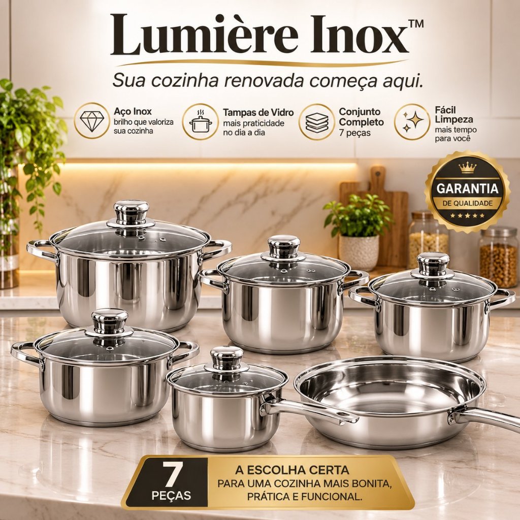 Kit Panelas Inox  com Tampas de Vidro Jogo de Panelas Lumière Inox™