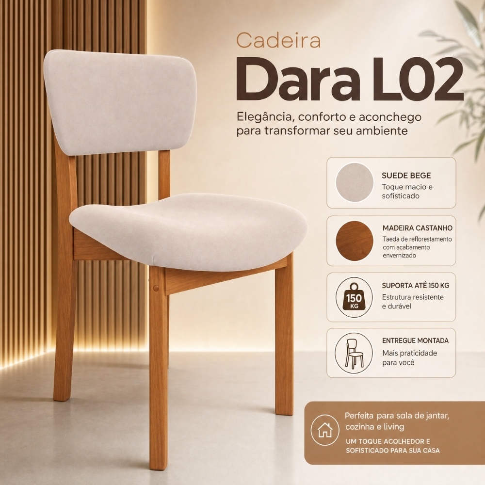 Cadeira Para Sala de Jantar Cozinha Living Estofada Dara L02 Suede Bege - Lyam Decor
