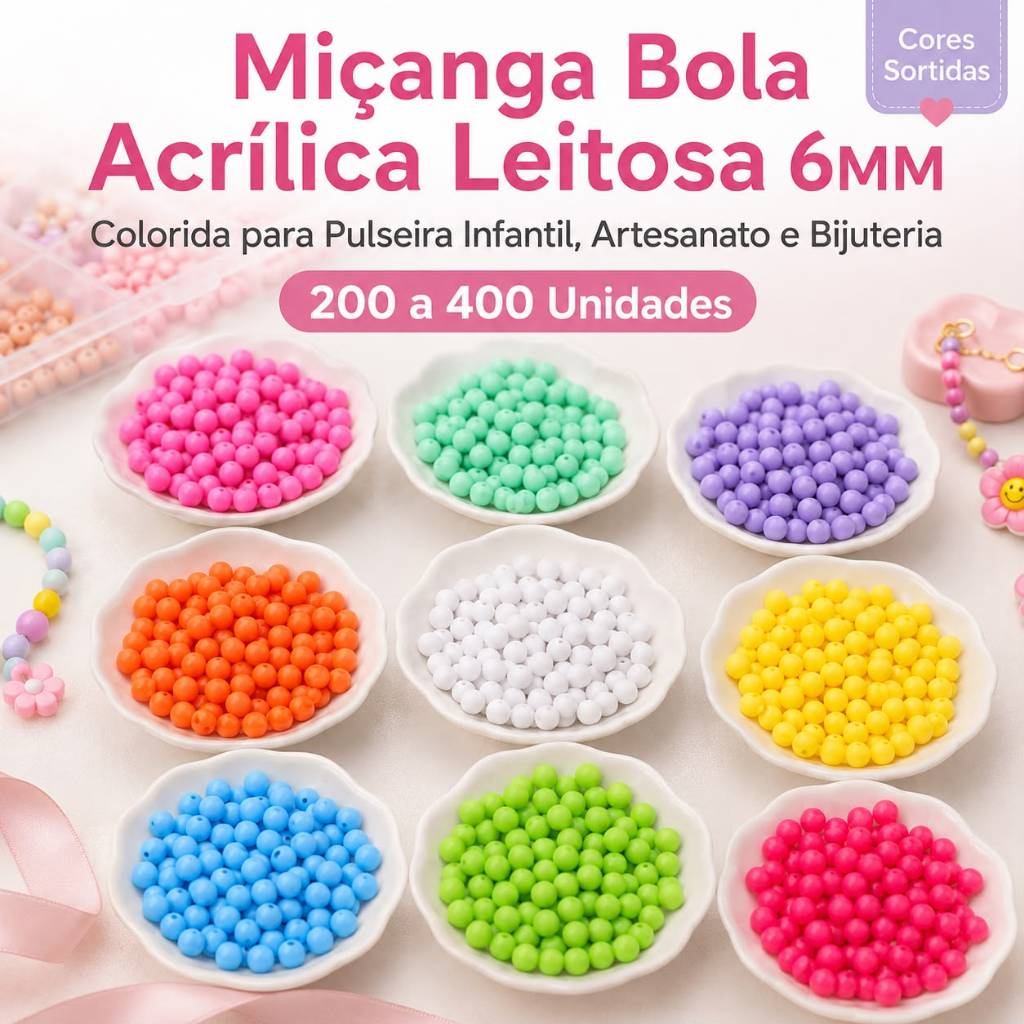 Miçanga Bola Lisa Leitosa 6mm 200,300 E 400 UNI p/ artesanato em geral Colar Pulseira Tiara Chinelos