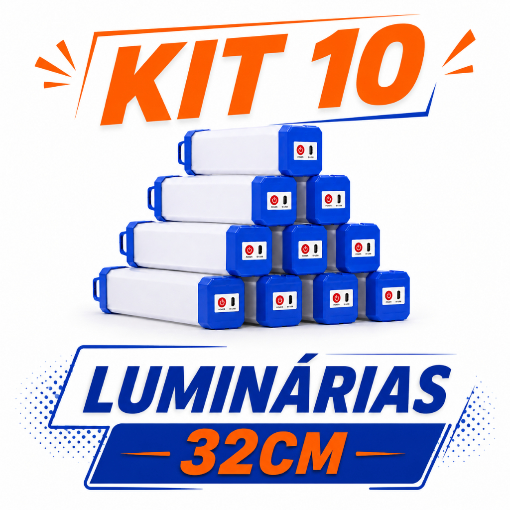 Kit 10 Luminárias LED Recarregáveis USB Magnéticas 40W 32cm com Gancho para Emergências Trilhas Aventuras Pesca e Oficin