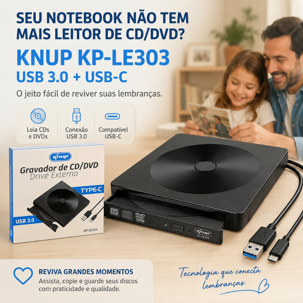 Leitor Gravador CD DVD Externo KNUP KP-LE303 USB-C USB 3.0 Para Notebook PC Arquivos Fotos Músicas