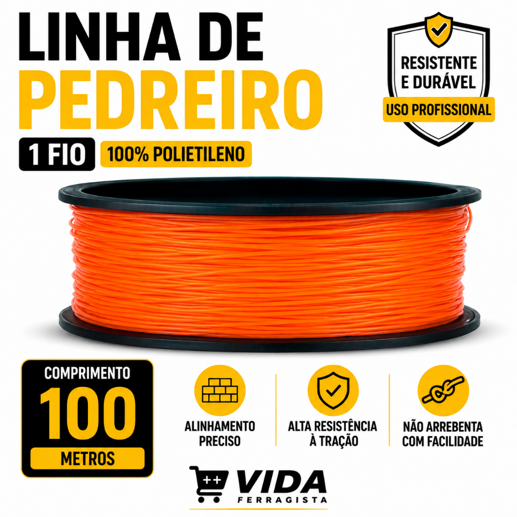 Linha de Pedreiro 100m 1 Fio Polietileno Laranja para Construção Alvenaria