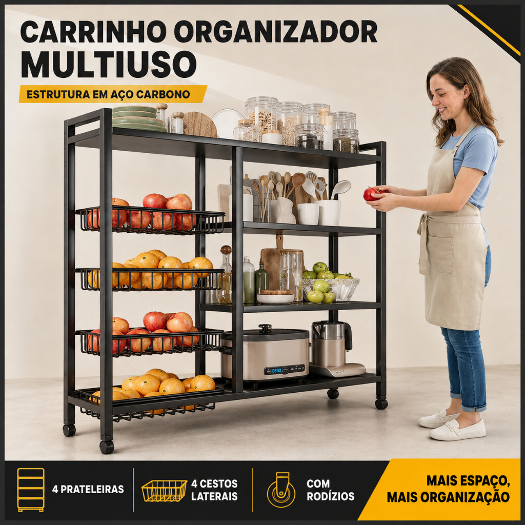 Carrinho Organizador de Frutas com Rodas, Multipropósito, 4 Prateleiras para Cozinha