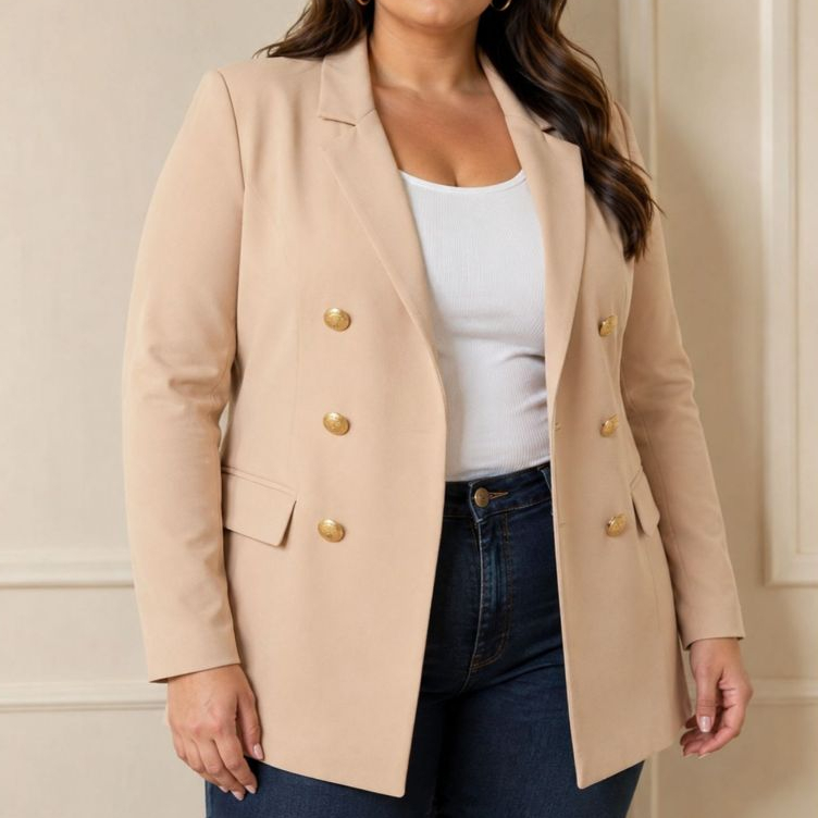Blazer Feminino Plus Size Alfaiataria Sem Forro | Botões Dourados Decorativos | Elegante para , Escritório e Casual