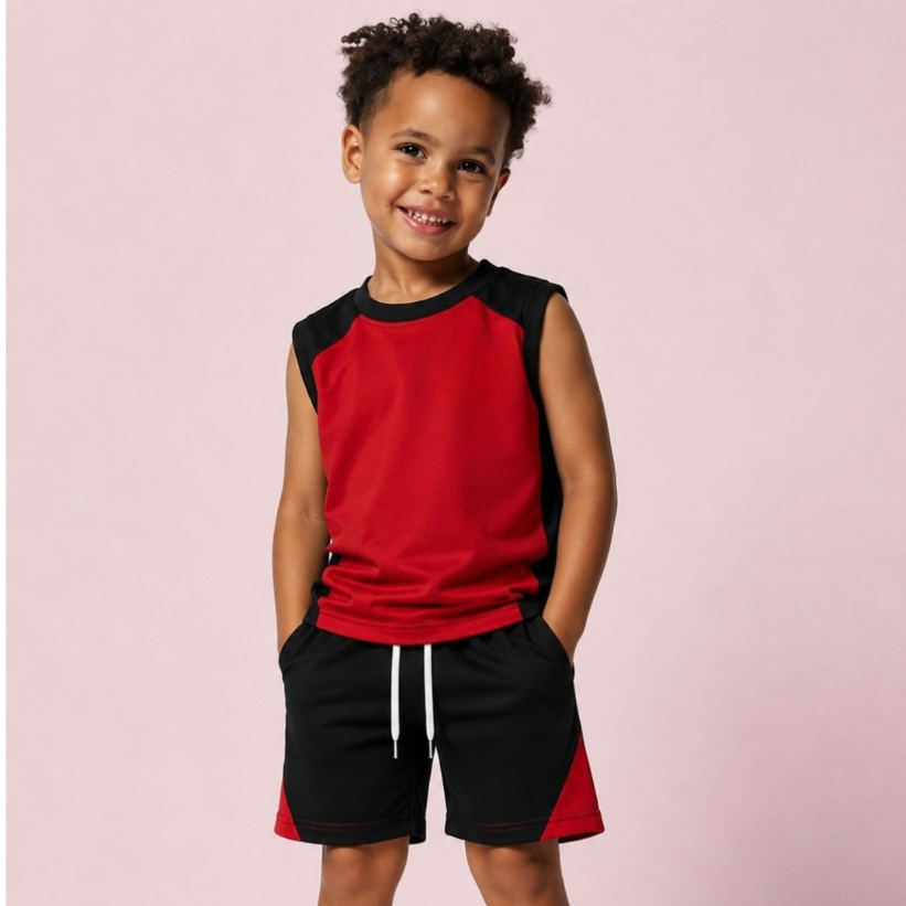 Conjunto com camisa e bermuda masculino da copa mundo infantil no tecido dry fit VERMELHO E PRETO do 2 ao 14 anos