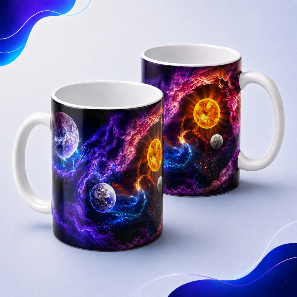 Caneca Galaxia 360° Estampa Na Caneca Toda Alça Branca 325ML