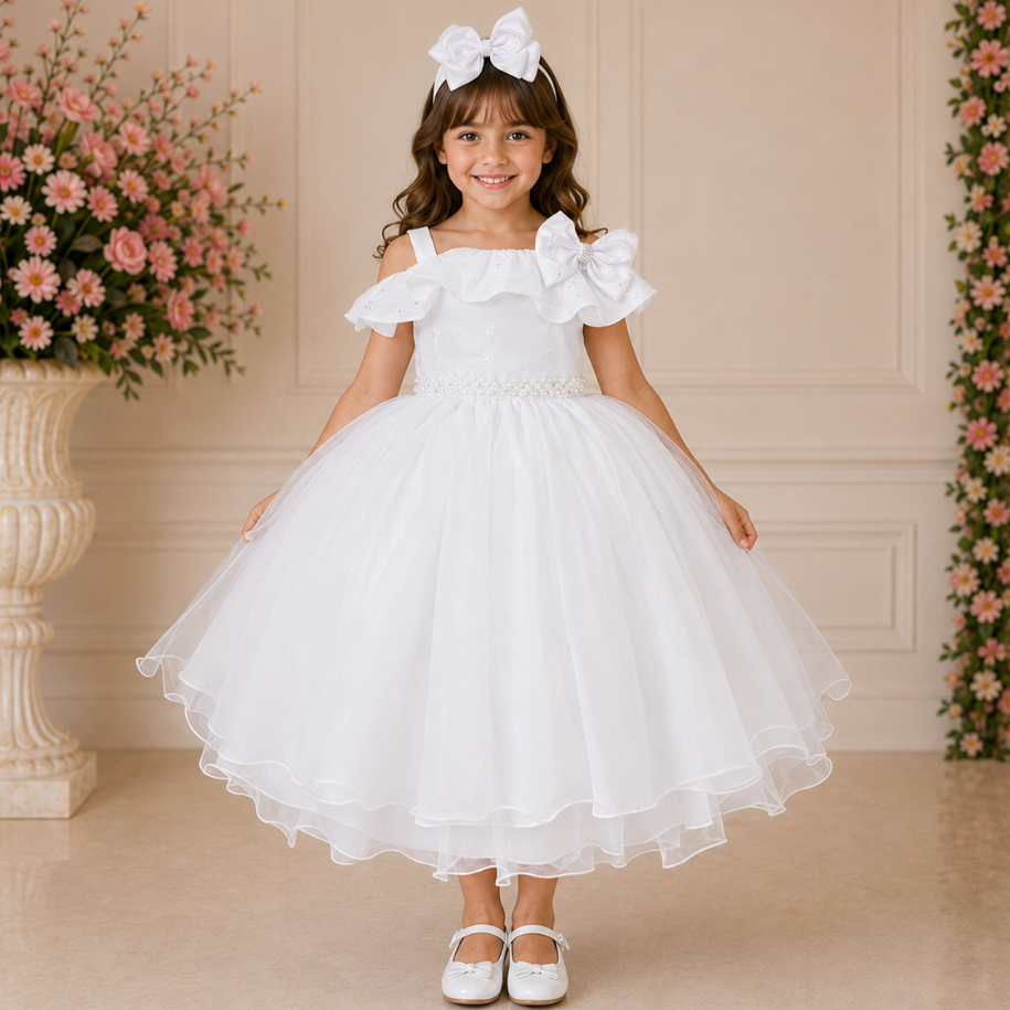 Vestido Infantil Festa Branco Princesa Ciganinha Daminha Batizado Casamento Formatura Aniversário Luxo