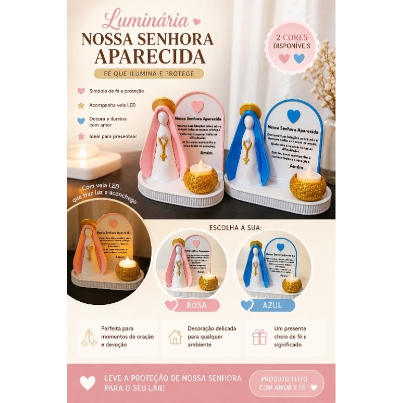 Luminária Nossa Senhora Aparecida 3D com Vela LED | Oratório Decorativo | Presente Religioso de Fé e Proteção