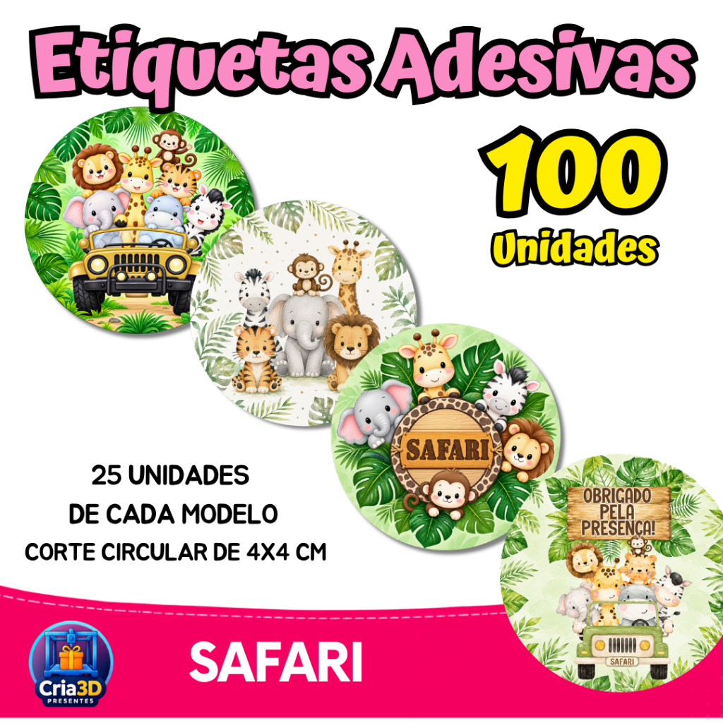 Kit 100 Etiquetas Adesivas Safari 4x4cm – Adesivo Decorativo para Lembrancinhas e Festas