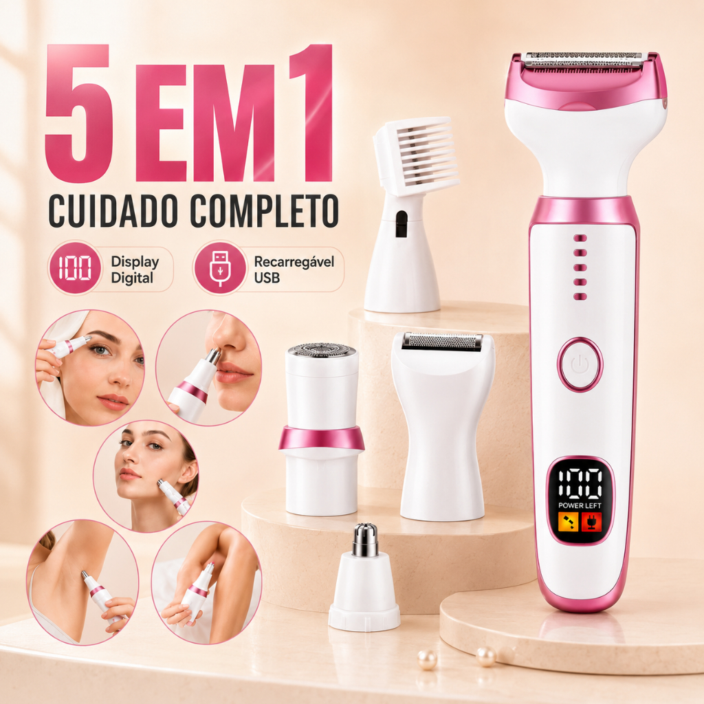 Depilador Elétrico Feminino 5 em 1 Aparador Recarregável USB Display Digital Rosto Corpo Nariz Sobrancelha
