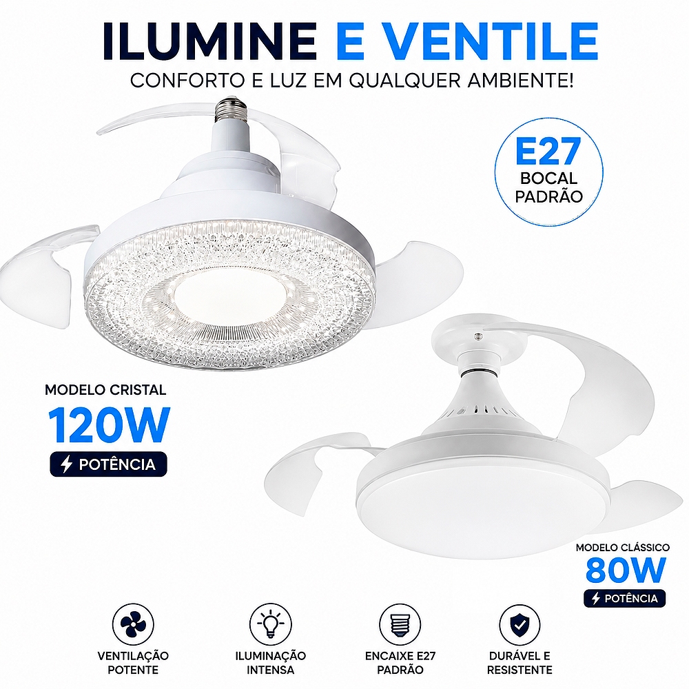 Ventilador de Teto 80w / 120w Retrátil +Controle Remoto com Luz Led Ajustável Silencioso Moderno E27