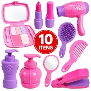 Kit de Beleza Infantil com 10 Acessórios Brinquedo de Salão de Beleza para Crianças Menina