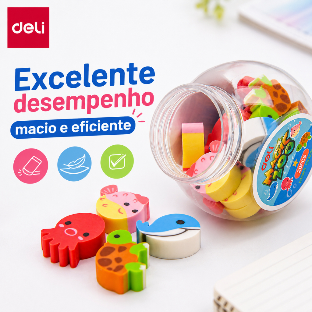 Kit 2 Pote com 4 Mini Borrachas Escolares Deli Magic Zoo Animais Fofos Sem PVC