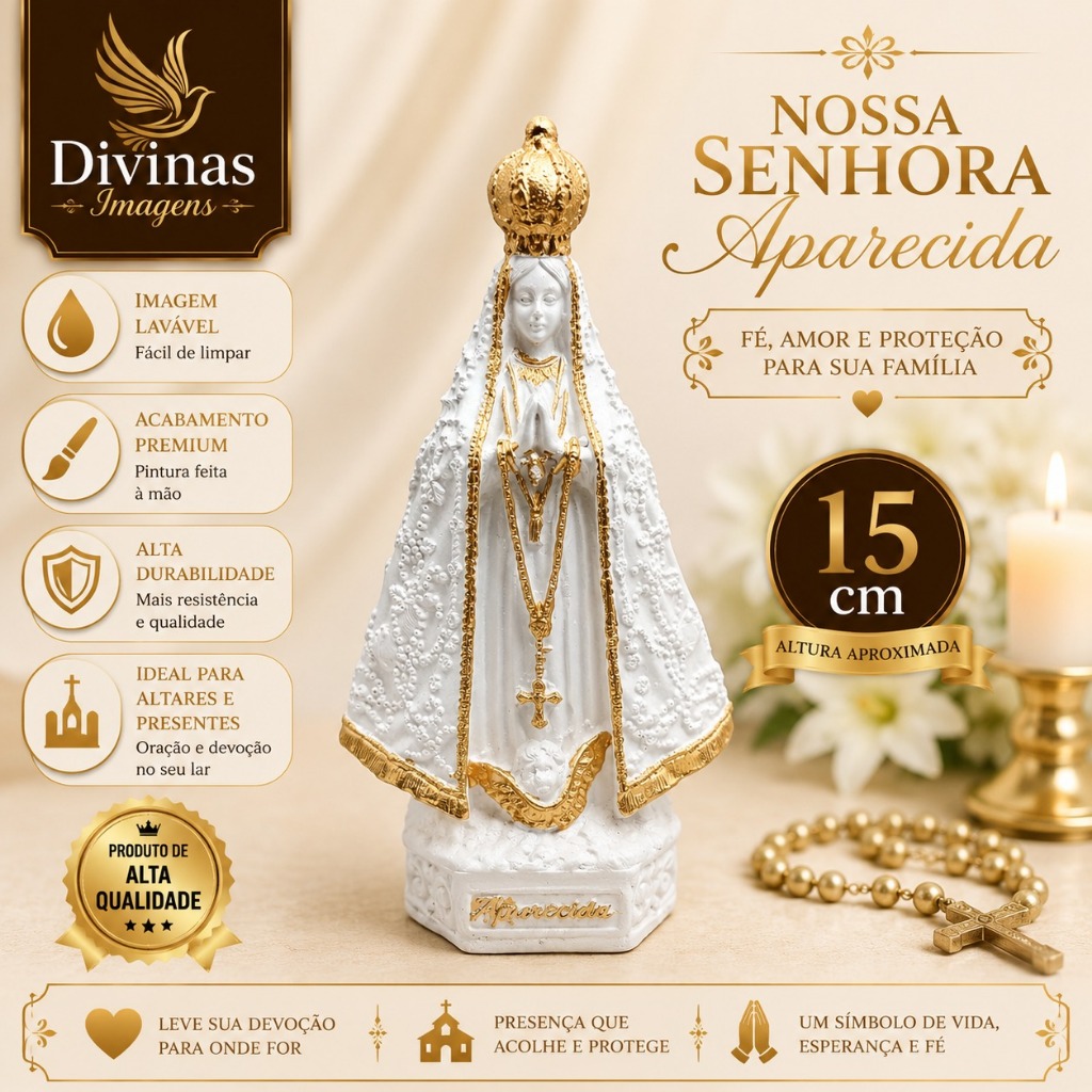 Imagem Nossa Senhora Aparecida Italiana 15cm Branco Perolado Gesso Premium Arte Sacra