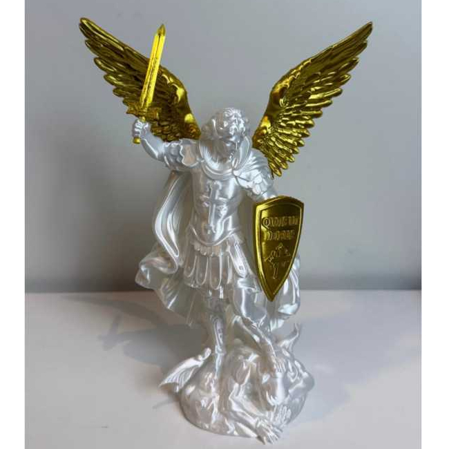 Estátua Arcanjo São Miguel Branco Dourado 18cm De Altura Presente Decoração artigo religioso oração presente católico