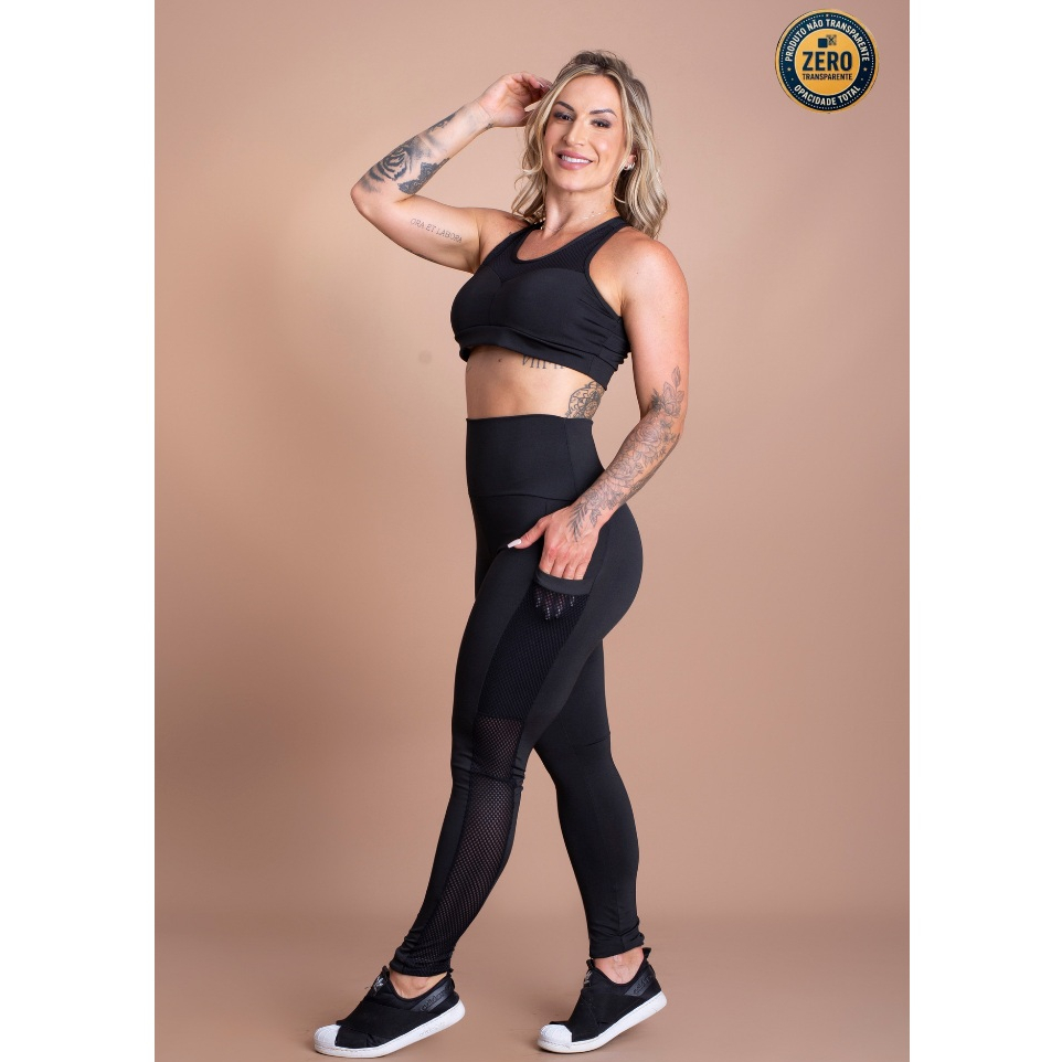 Conjunto Fitness Feminino Calça Legging Cintura Alta Bolso Cabe Celular E Top Nadador Tela Academia ZERO TRANSPARÊNCIA