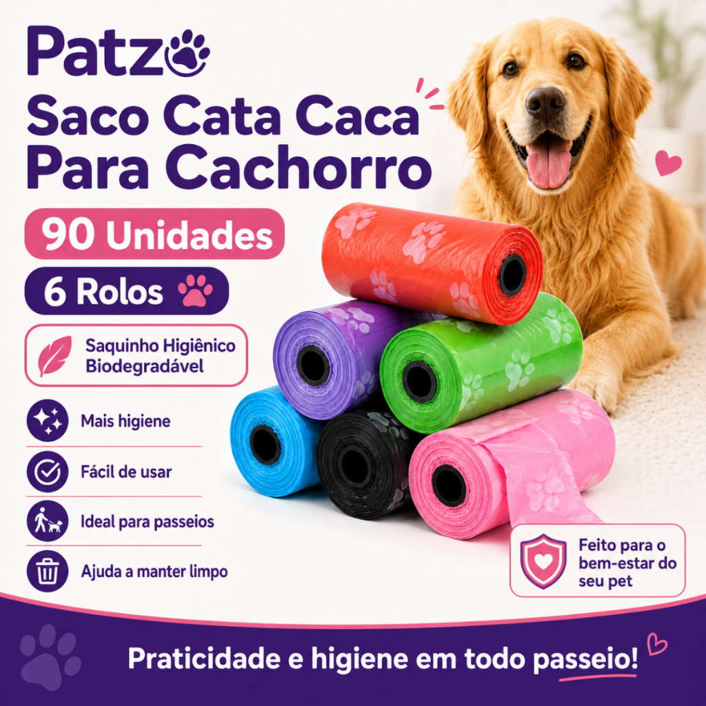 Saco Cata Caca Cachorro 90 Unidades | 6 Rolos Saquinho Higiênico Biodegradável