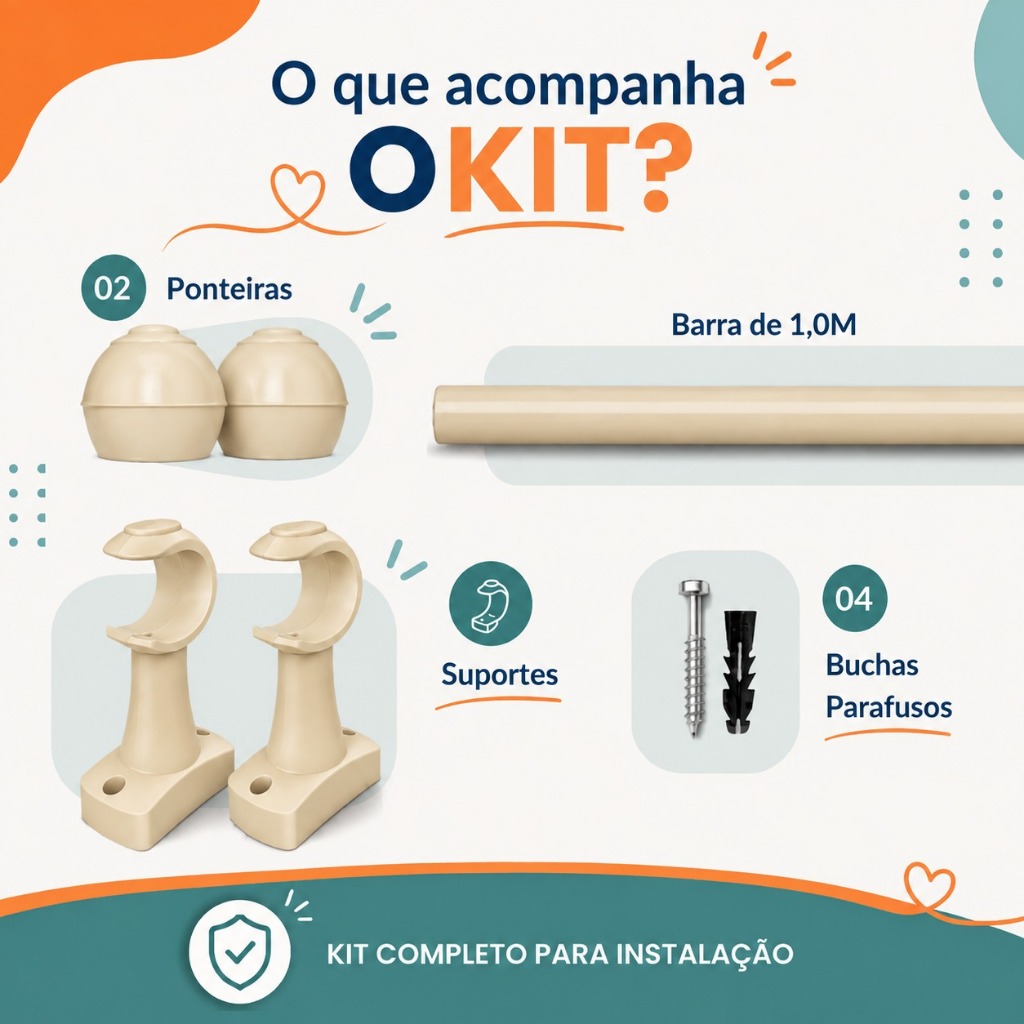 Varão de Cortina Completo Aço 28mm Grosso 1,0 Metro Simples — imagem 2 de 2