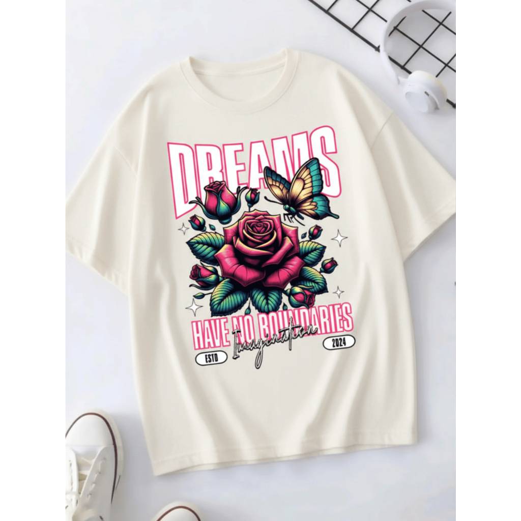 Camiseta Feminina Oversized Borboleta Floral Streetwear Estampada 100% Algodão Casual