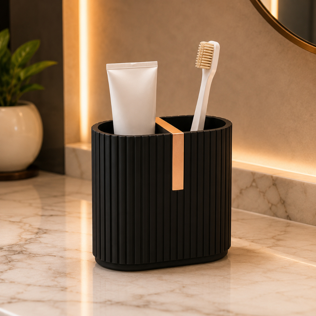 Kit Porta Escova de Dentes Duplo Organizador Canelado Bicolor Premium para Banheiro Lavabo